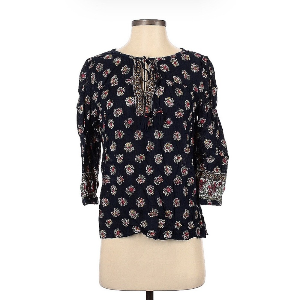 Ann Taylor LOFT Blue Print Crinkle Fabric Front Tie Puff Slv Peasant Top Small